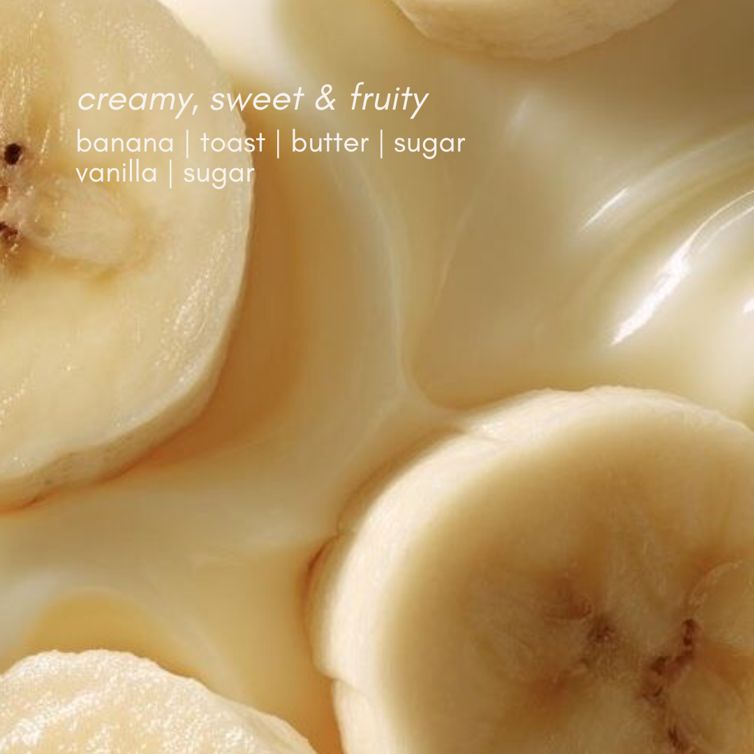 Close-up of sliced bananas with text describing flavors.