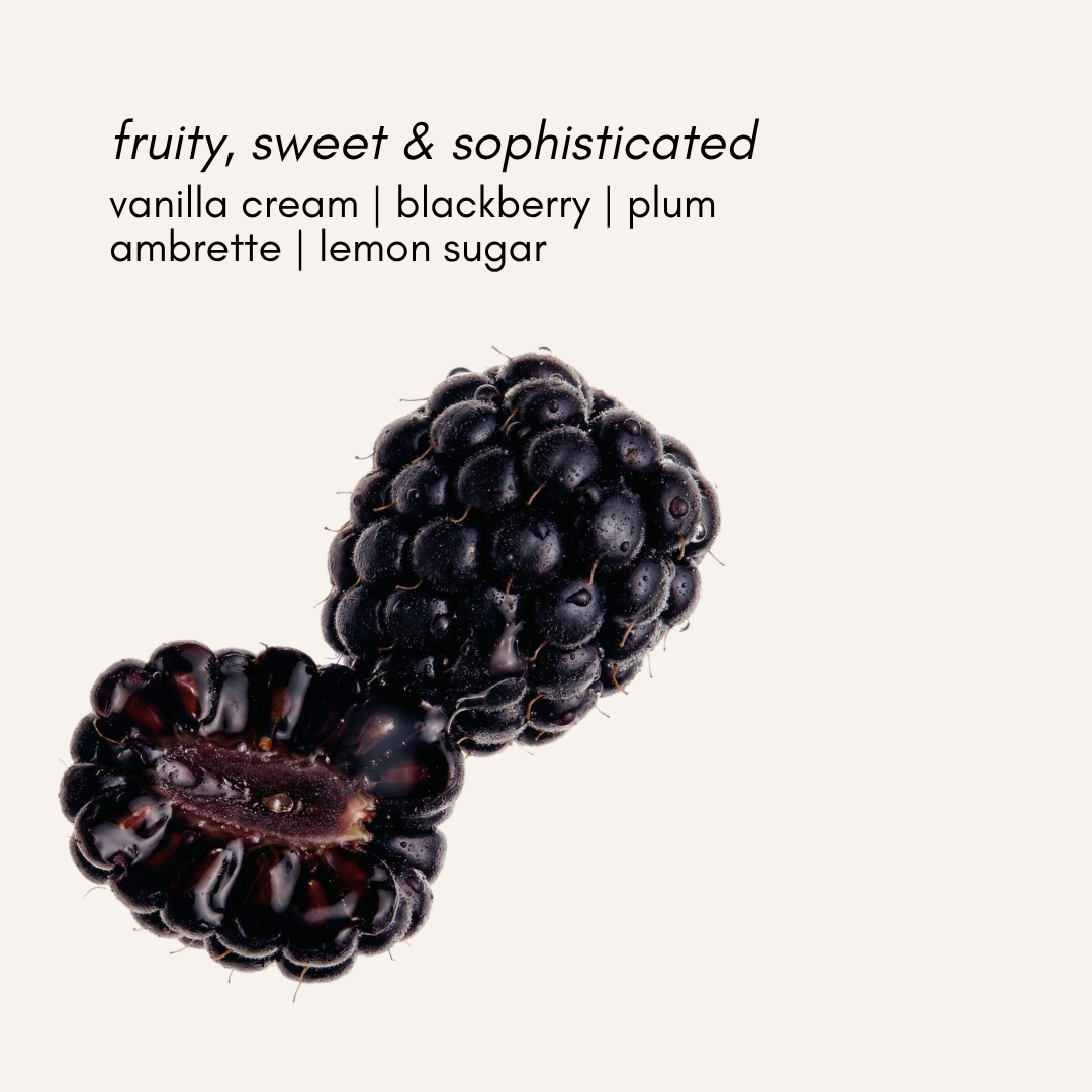 Two blackberries on a white background with text describing flavors.