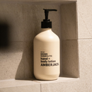 400ml Amberjack Brown Sugar & Fig hand and body lotion in a light beige recycled plastic bottle with a black pump.