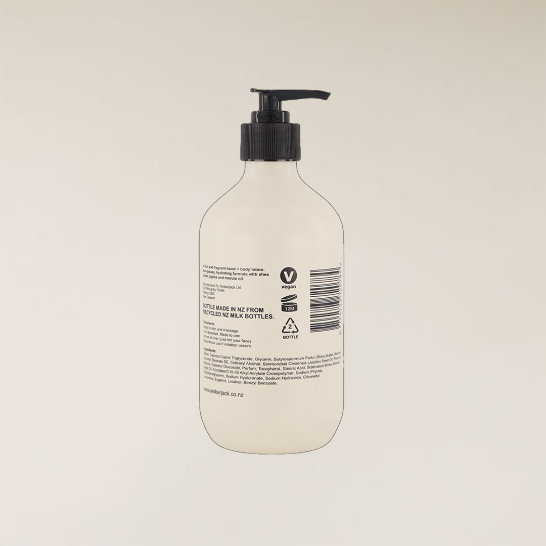 400ml light beige recycled plastic lotion bottle with black pump dispenser and product label.