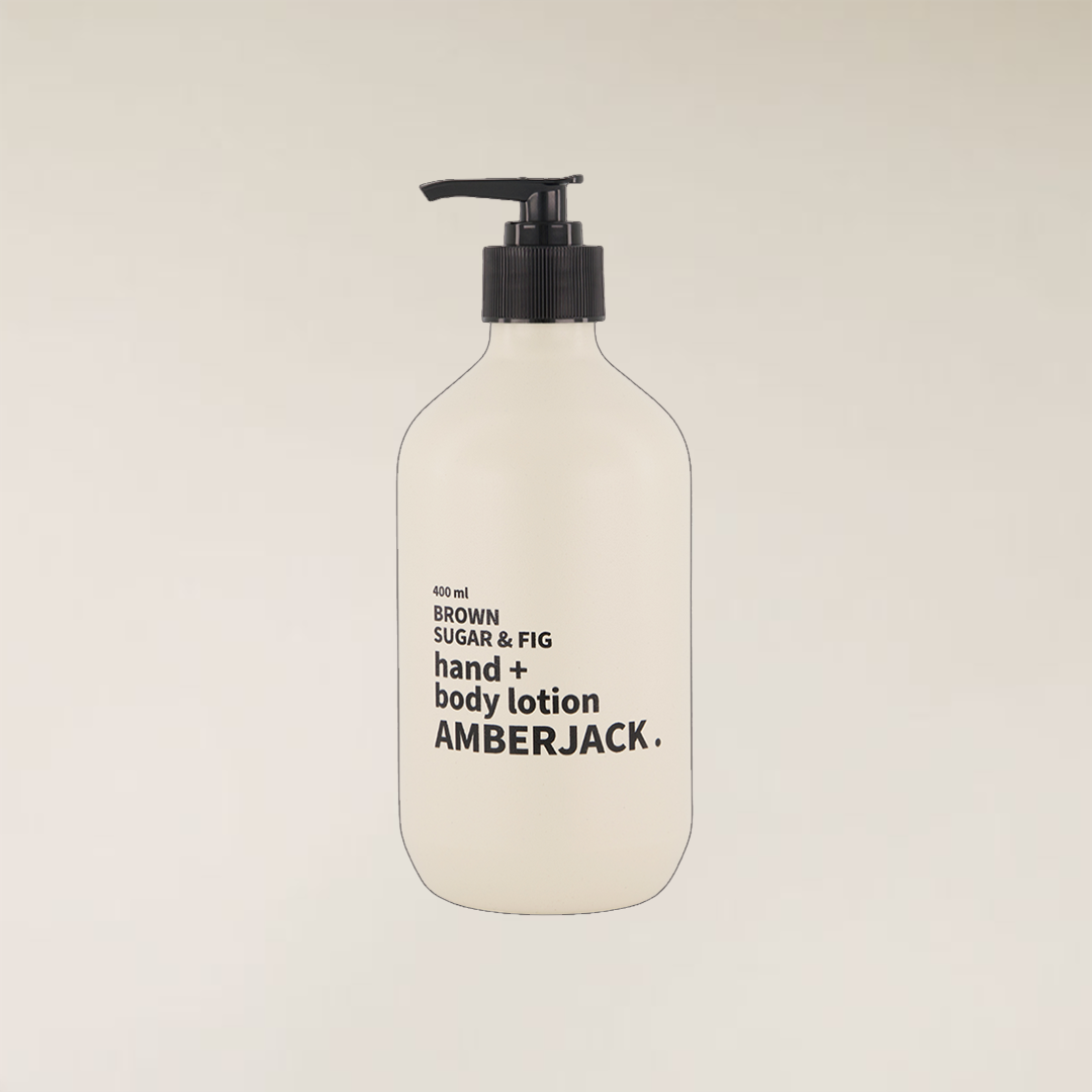 400ml Brown Sugar & Fig hand and body lotion in a light beige, recycled plastic bottle with a black pump.