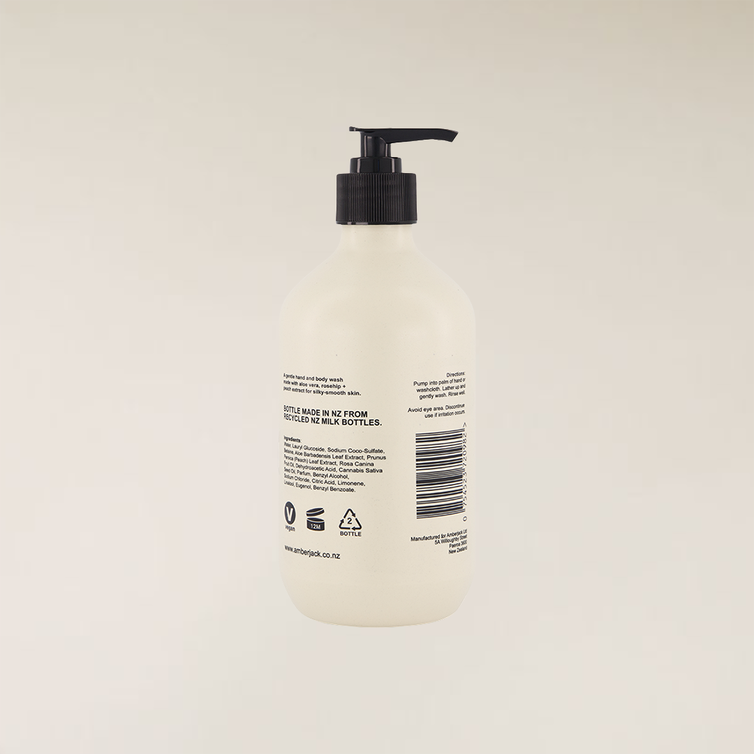400ml Brown Sugar & Fig hand and body wash in a light beige recycled NZ milk bottle with a black pump.