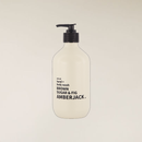 400ml Amberjack Brown Sugar & Fig hand + body wash in a light beige recycled bottle with a black pump.