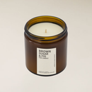 Brown Sugar & Fig 400gm soy candle in a dark amber glass jar with a white label.