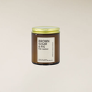 Brown Sugar & Fig 150gm soy candle in a brown glass jar with a gold lid and cream label.