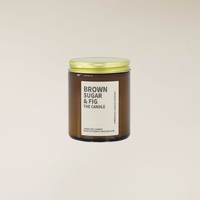 Brown Sugar & Fig 150gm soy candle in a brown glass jar with a gold lid and cream label.