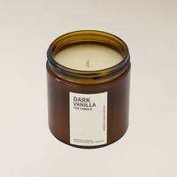 Dark Vanilla 400gm soy candle in a brown amber glass jar with a cream label and single wick.