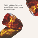 Two pieces of amber with a white background and text describing its scent profile.