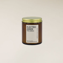 Electric Amber 150gm soy candle in a brown glass jar with a gold lid and cream label.