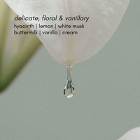 Close-up of a flower droplet with fragrance notes text on a light green background