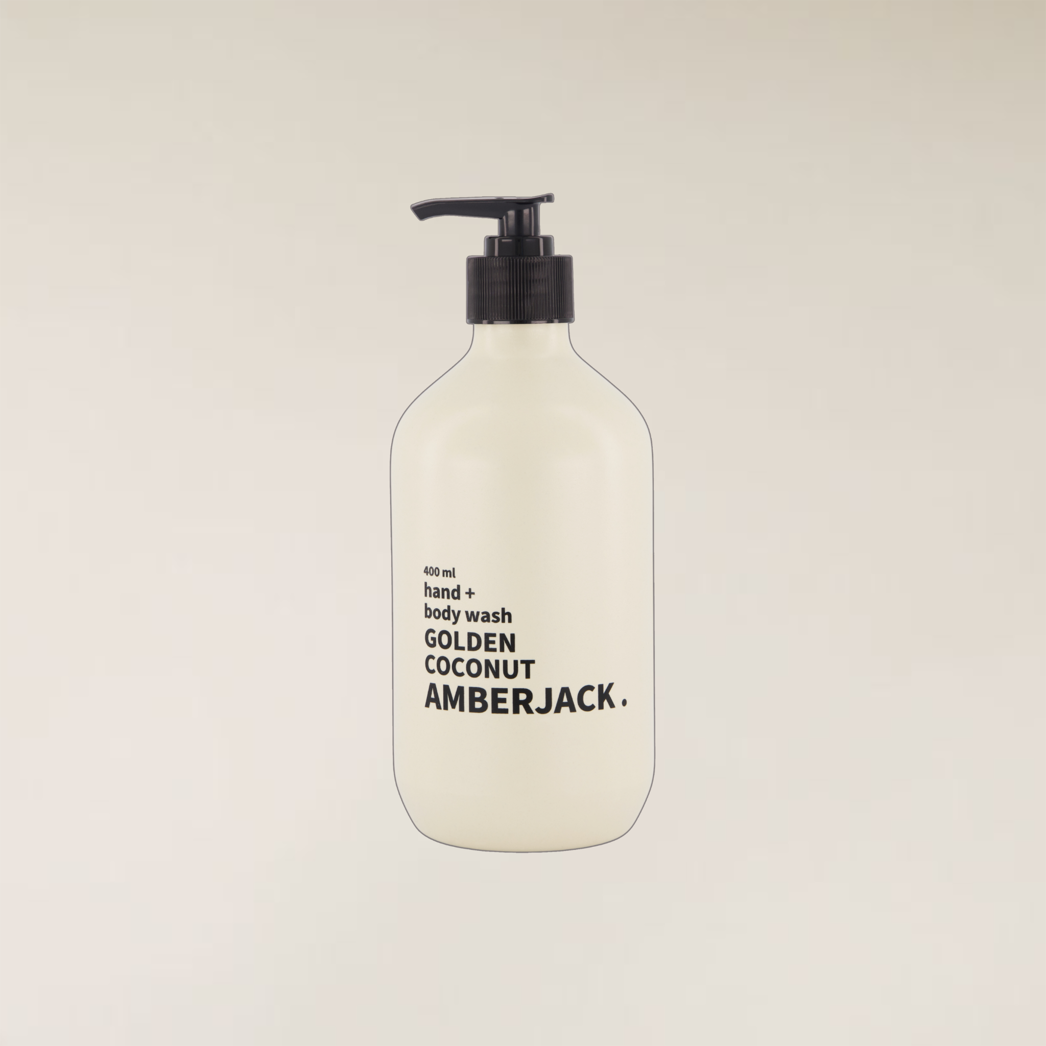 A frosted white pump bottle of hand and body wash with a black dispenser, labeled 'AMBERJACK' and 'GOLDEN COCONUT', centered against a solid light beige background.