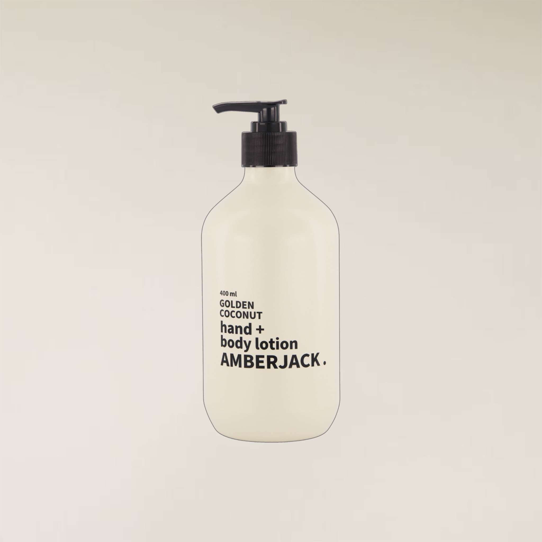Pump bottle of Amberjack Golden Coconut Hand & Body Lotion, featuring a matte off-white bottle, centered against a solid light beige background.