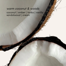 Close-up of a split coconut with text describing its fragrance profile.