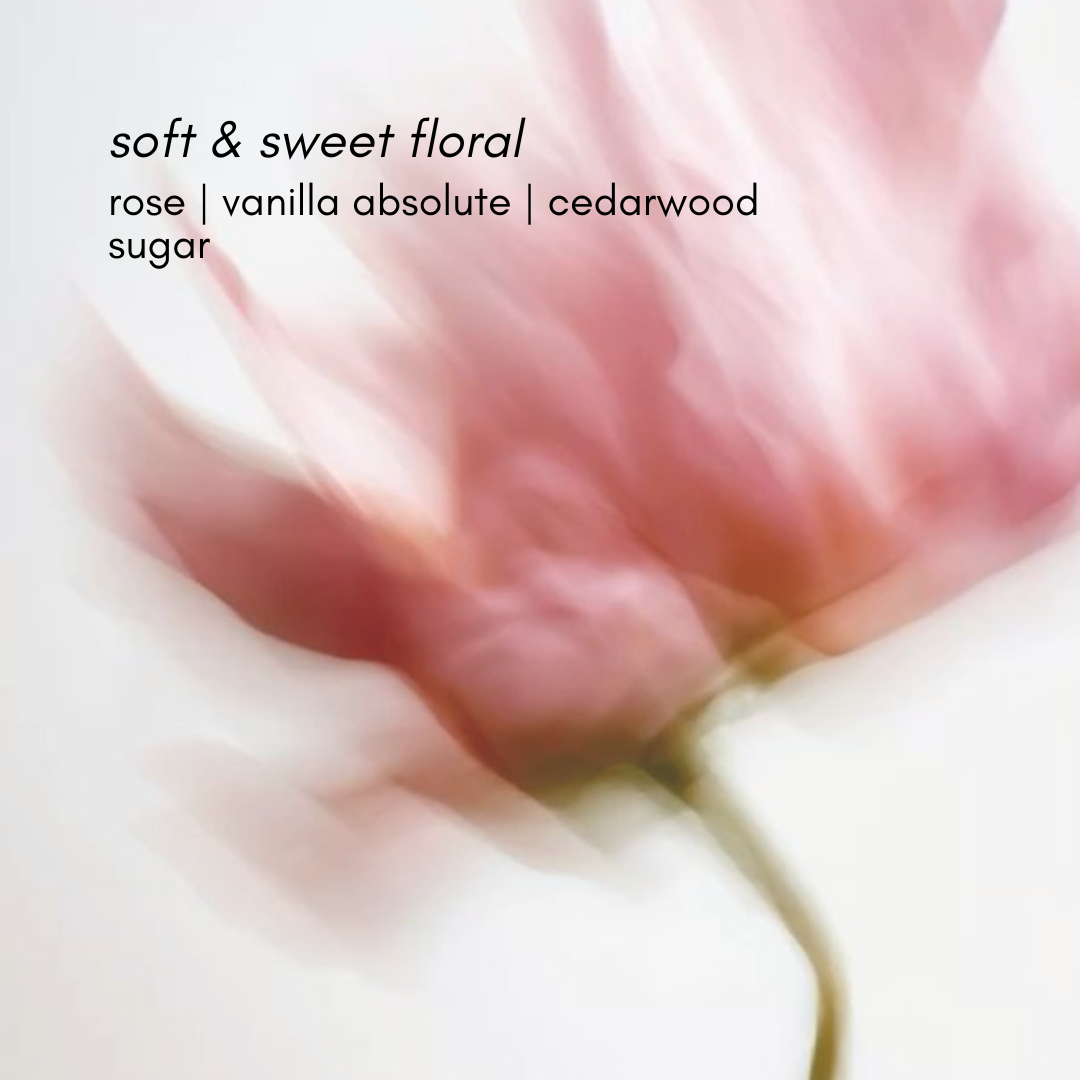 Blurred pink flower with text overlay on a light background for rose crush fragrance