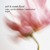Blurred pink flower with text overlay on a light background for rose crush fragrance