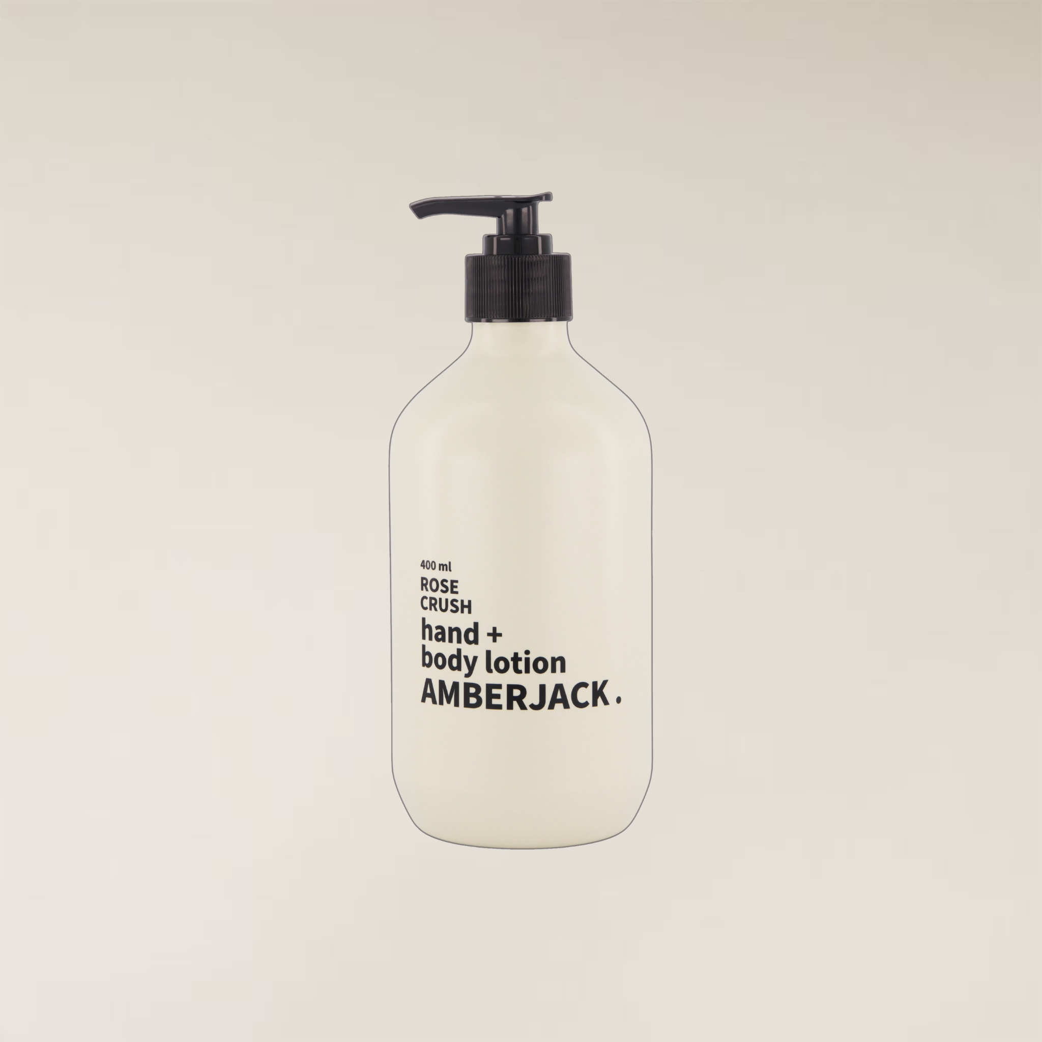 A frosted off-white pump bottle of Amberjack hand and body lotion with a black pump dispenser, centered against a solid light beige background.