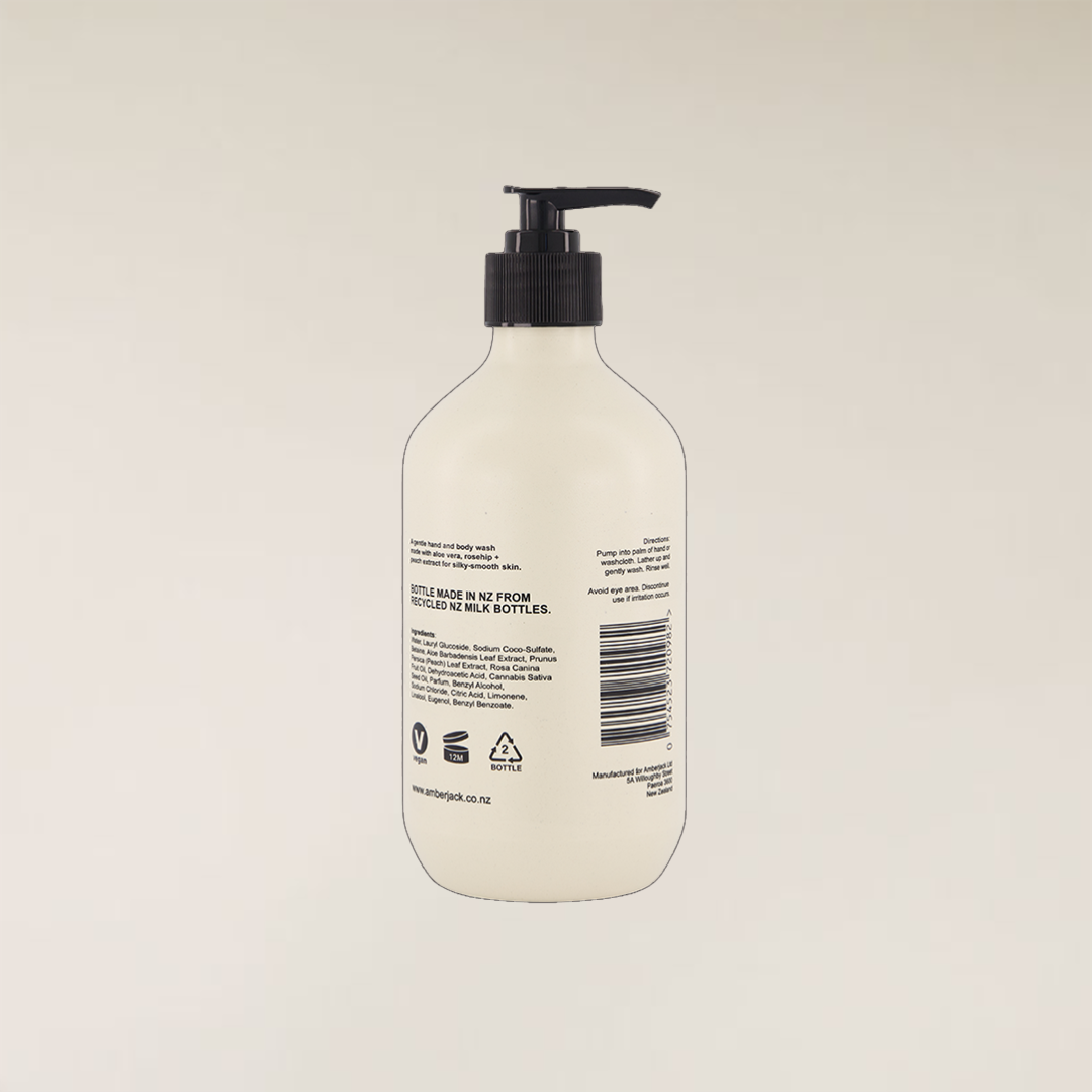 400ml Smoked Lavender hand and body wash in a light beige, recycled NZ milk bottle with a black pump.