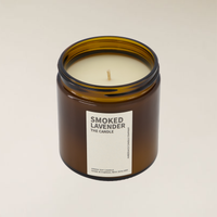 Amber brown glass jar Smoked Lavender soy candle, 400gm, with a light cream wax and single wick.