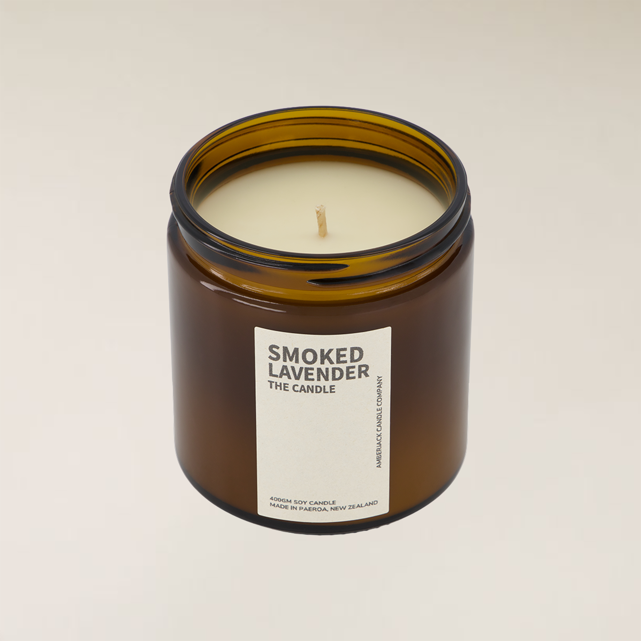 Amber brown glass jar Smoked Lavender soy candle, 400gm, with a light cream wax and single wick.