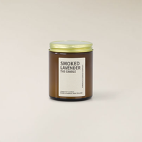Smoked Lavender 150gm soy candle in an amber glass jar with a gold lid and white label.
