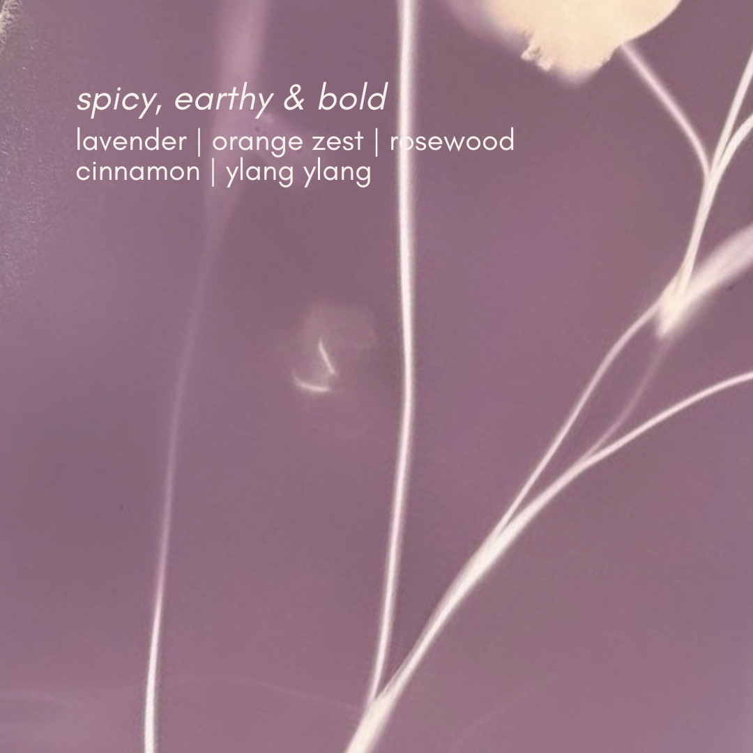Fragrance description with floral elements on a purple background