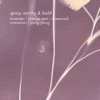 Fragrance description with floral elements on a purple background