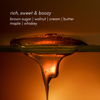 Melted chocolate or caramel with text describing fragrance notes on an orange background