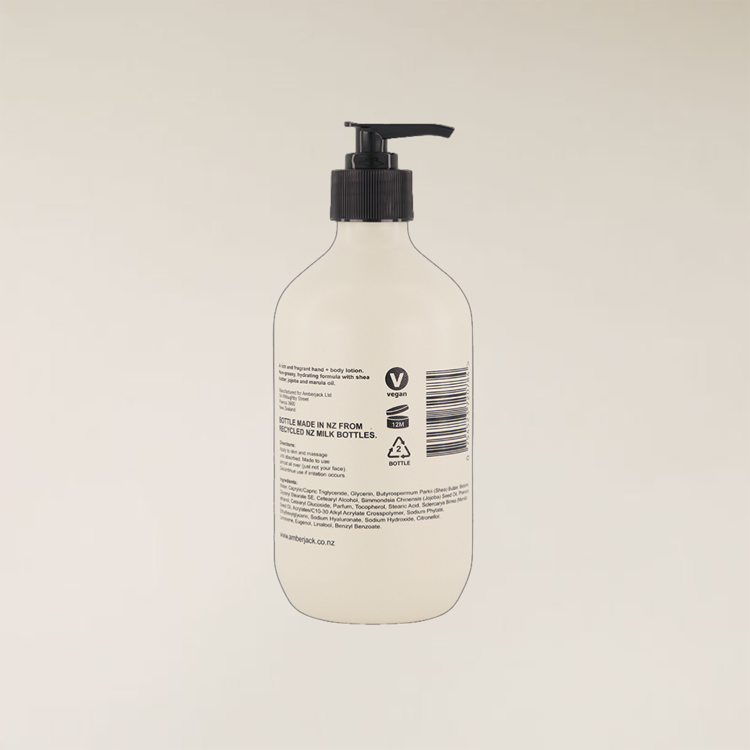 White Sandalwood 400ml hand and body lotion in a light beige recycled bottle with a black pump.