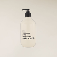 400ml White Sandalwood hand + body lotion in a light beige recycled plastic bottle with a black pump.
