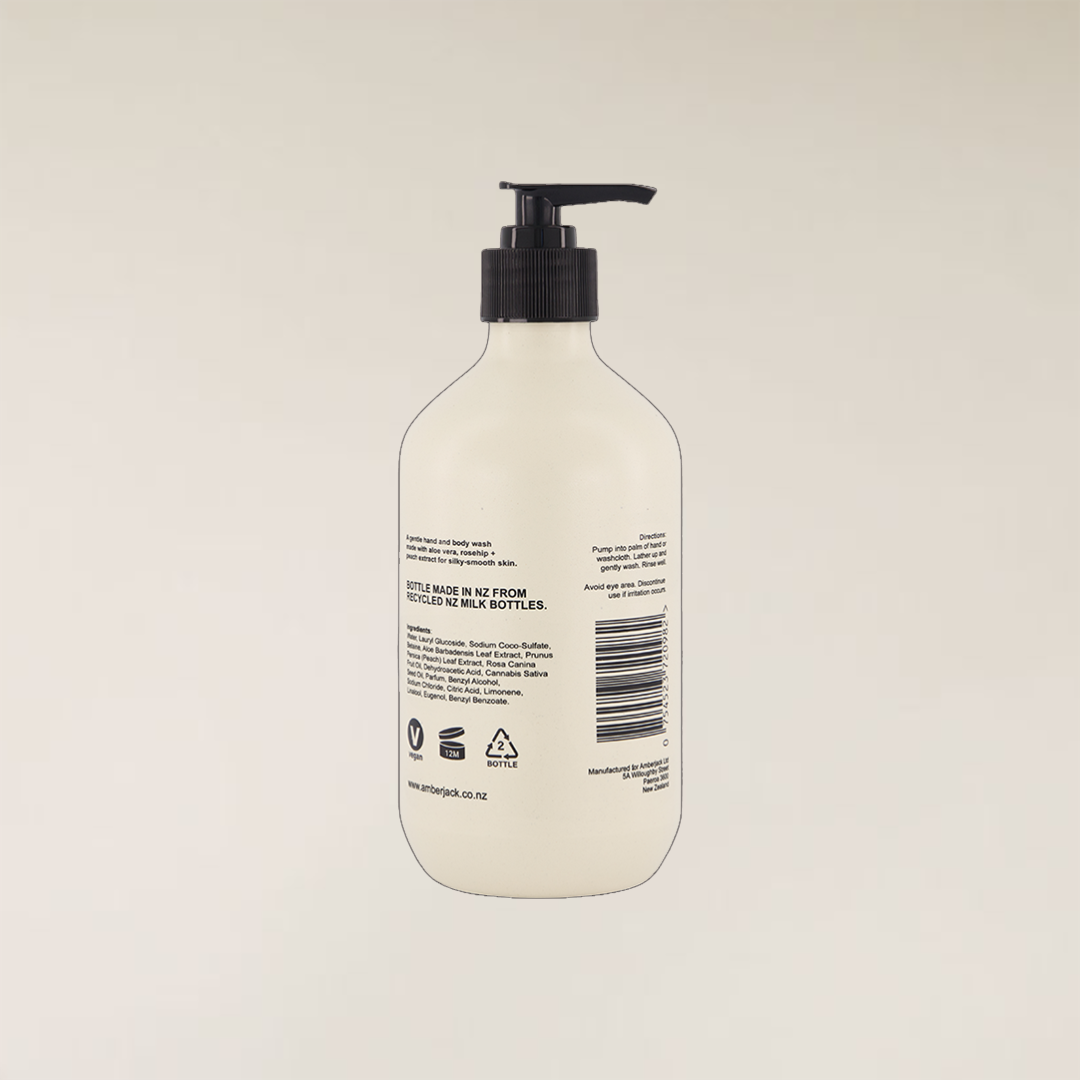 White Sandalwood Hand & Body Wash in a 400ml light beige recycled bottle with a black pump.