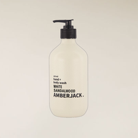 400ml White Sandalwood hand and body wash in a light beige recycled bottle with a black pump.