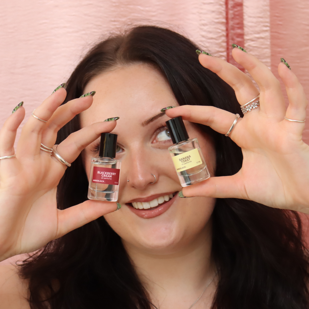 2 perfume oils in blackberry cream and banana toast fragrance