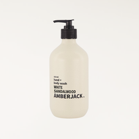 White sandalwood fragranced hand and body wash in a beige recycled bottle
